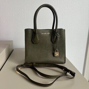 Michael Kors Mercer Medium Olive Green Pebbled Leather Crossbody Bag